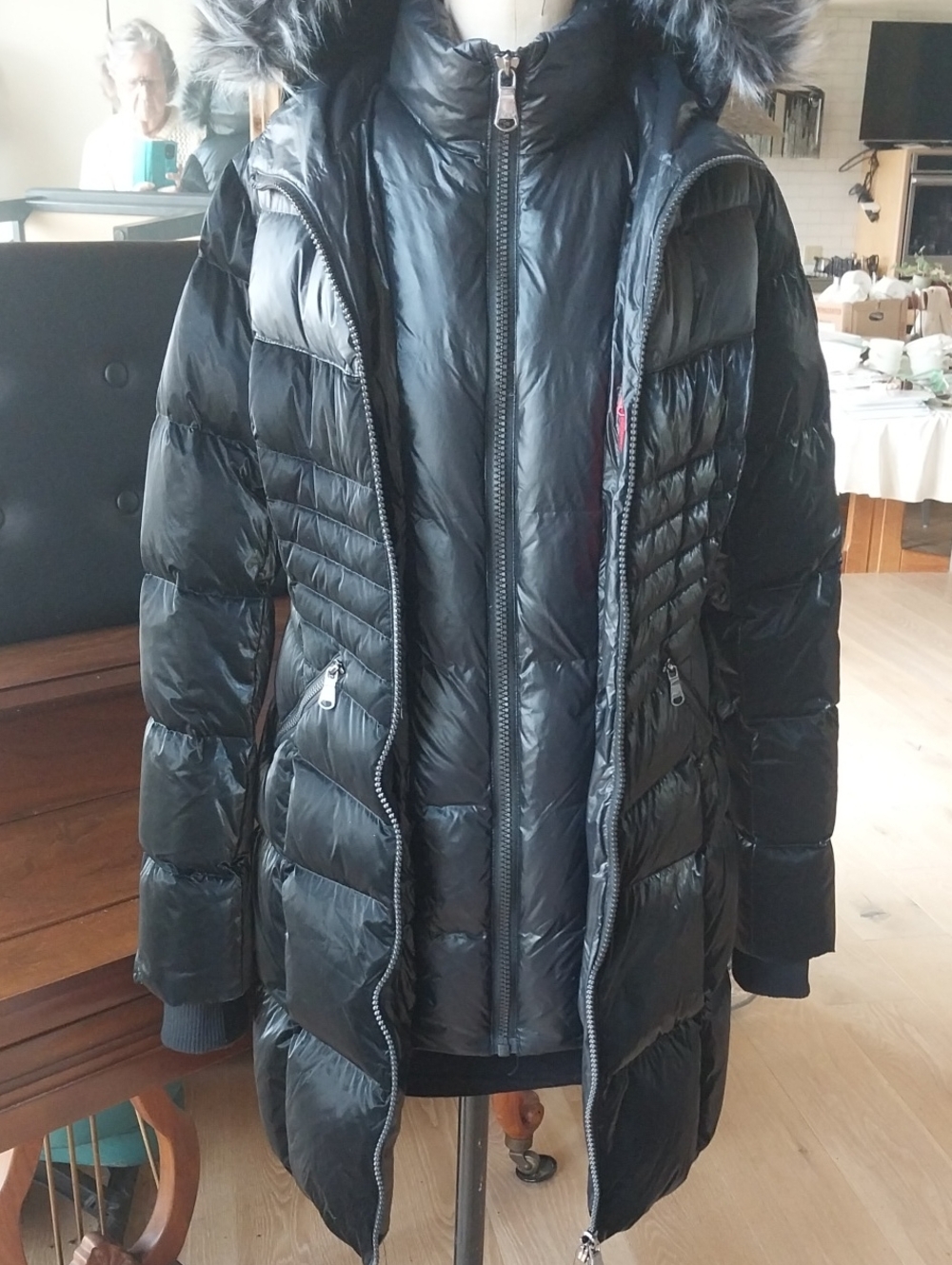 Black Long Quilted Puffer Coat with Faux Fur Hood